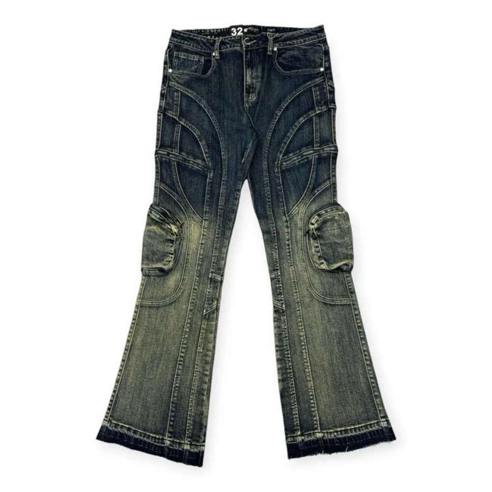 WaiMea Men Indigo Wash Pocket Flare Jeans 36x33